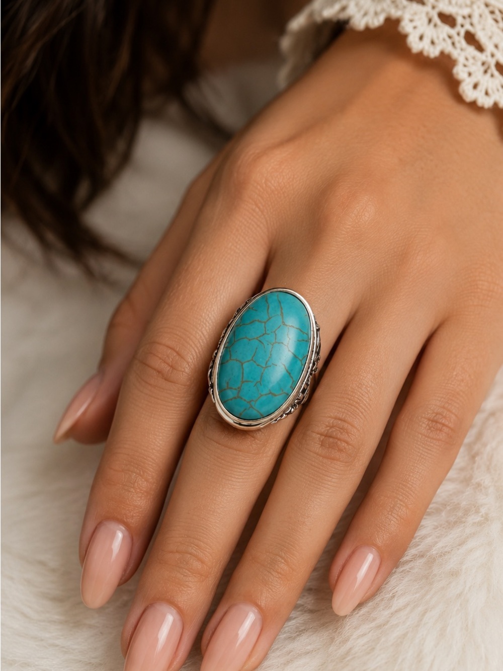 Turquoise Oval Statement Ring - Silver Finish
